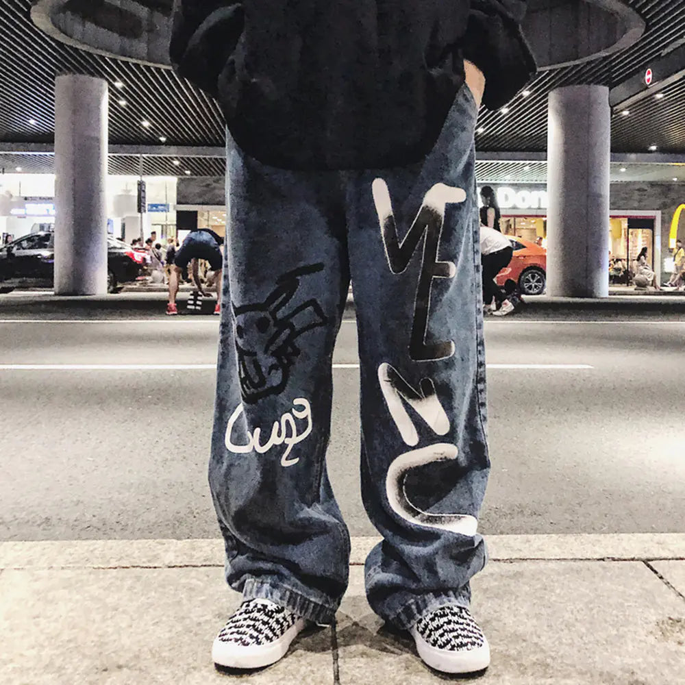 Hand-Drawn Graffiti Anime Spray Paint Jeans for Men