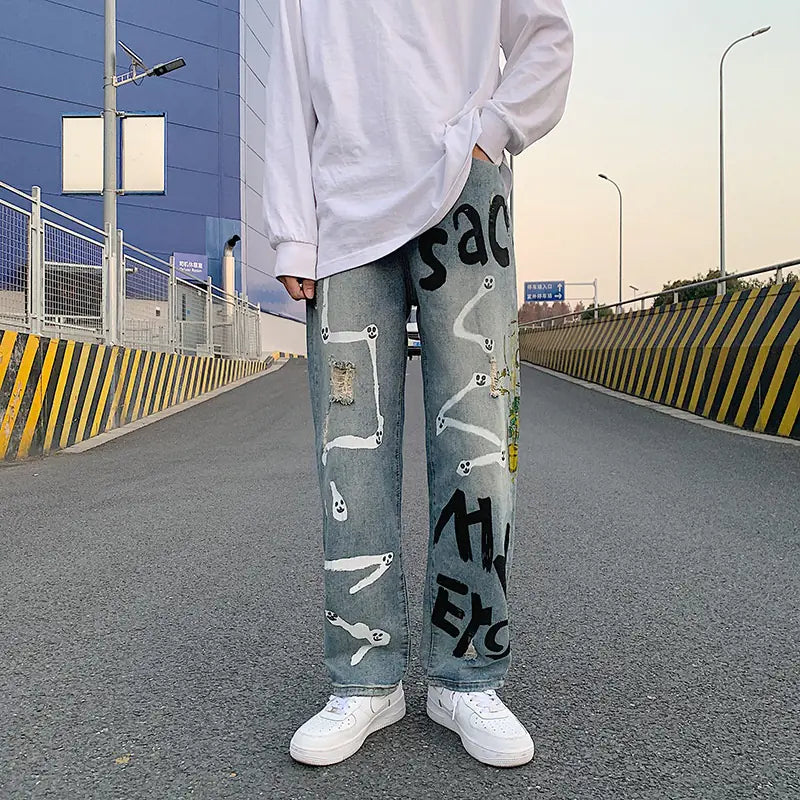 Hand-Drawn Graffiti Anime Spray Paint Jeans for Men