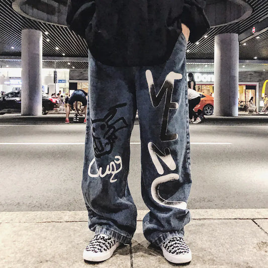 Hand-Drawn Graffiti Anime Spray Paint Jeans for Men